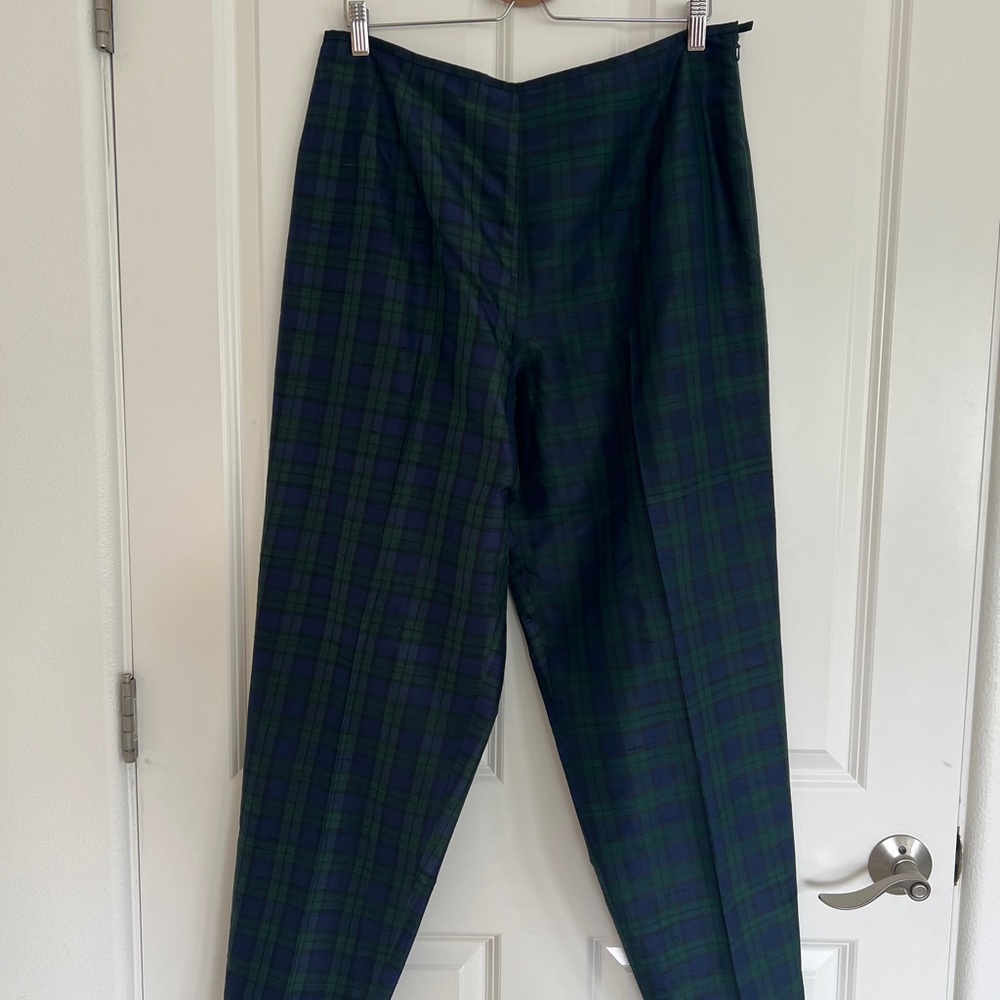 Talbots Green and Blue Plaid Silk Ankle Cropped Pants Tailored Fit